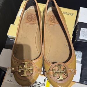 Tory Burch Mustard Yellow Leather Logo Ballet Flats with Tan Trim